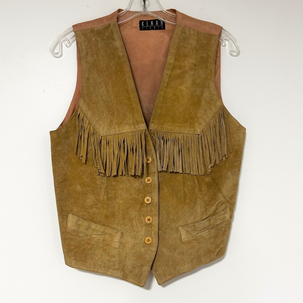 Kenar Studio Vintage Womens Brown Leather Fringe Western Vest Size M USA Made
